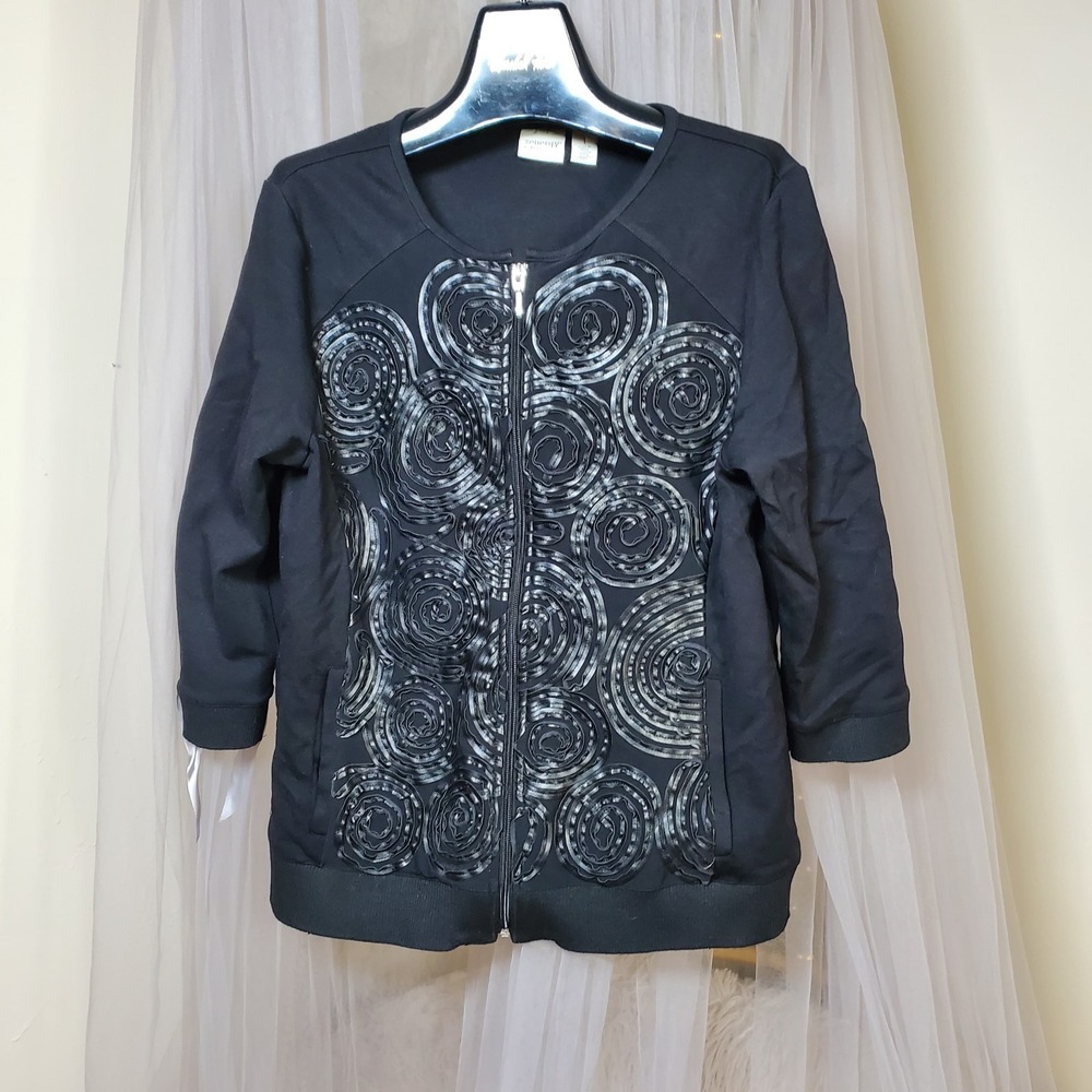 Chicos Faux‎ Leather Knit Full Zip Cardigan Jacket Retro Mob Wife M/1 Whimsgoth